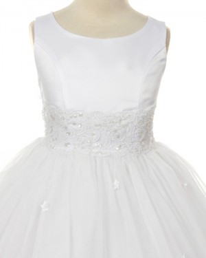 Lace Appliqued Scoop Tulle White First Holy Communion Dress FC0010