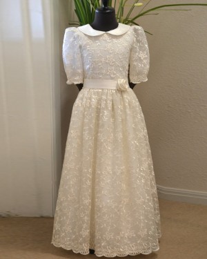 Lace High Neck White Girl Dress with Half Length Sleeves FC0014