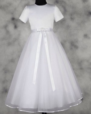 White Satin & Tulle High Neck Tea Length First Holy Communion Dress FC0016