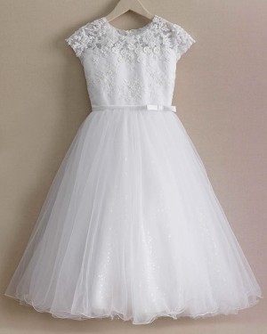 White Appliqued Bodice Jewel Girl Dress with Sparkle Skirt FC0017
