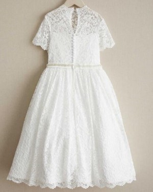 Lace White High Neck Beading Girl Dress with Short Sleeves FC0018