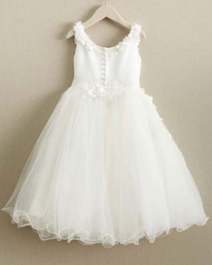 White Satin & Tulle Scoop Girl Dress with Handmade Flowers FC0019