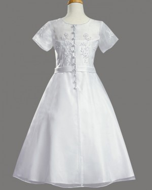 White Tulle Sheer Beading First Holy Communion Dress with Short Sleeves FC0020