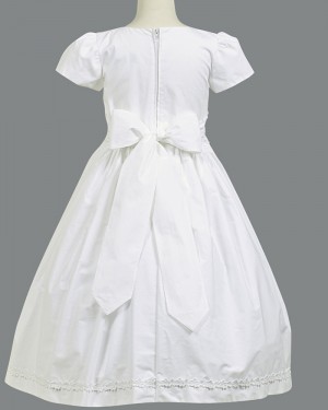 White Satin Jewel Neck Appliqued First Holy Communion Dress with Short Sleeves FC0022