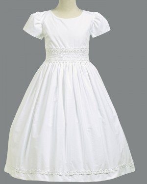 White Satin Jewel Neck Appliqued First Holy Communion Dress with Short Sleeves FC0022