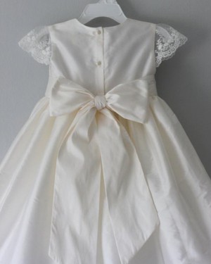 White Jewel Satin Girl Dress with Lace Cap Sleeves FC0024