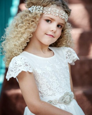 White Lace High Neck Appliqued Tulle First Holy Communion Dress with Belt FC0027