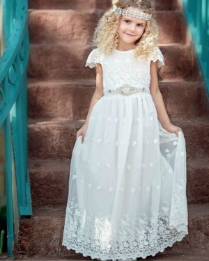 White Lace High Neck Appliqued Tulle First Holy Communion Dress with Belt FC0027