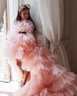 High Low Peach Pink Ruffled Pageant Dress for Girls FG1004