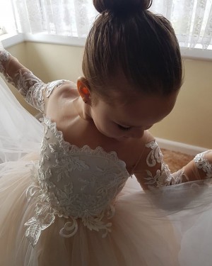 Sheer Neck Lace Appliqued Tulle Flower Girl Dress with Bowknot FG1006