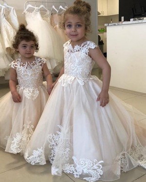 White Jewel Lace Appliqued A-line Flower Girl Dress for Fall FG1007