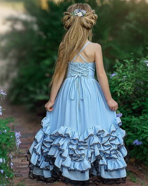 Elegant V-neck Sky Blue Satin Ruffled Girl Pageant Dress FG1008