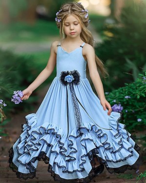 Elegant V-neck Sky Blue Satin Ruffled Girl Pageant Dress FG1008