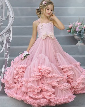A-line Square Pink Tulle Ruffled Pageant Dress for Girls FG1009