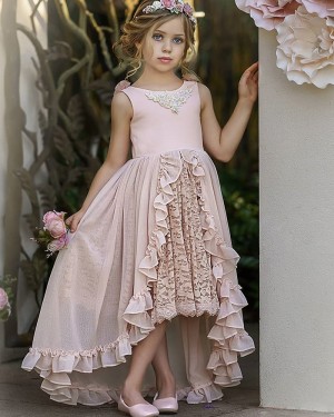 Jewel Neck Pink High Low Girls Pageant Dress with Lace Skirt FG1010