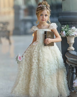 Square Neckline Ivory Ruffled Flower Girl Dress with Cap Sleeves FG1011