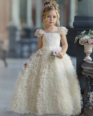 Square Neckline Ivory Ruffled Flower Girl Dress with Cap Sleeves FG1011