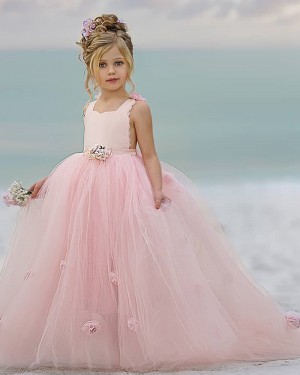 Scoop Pink Ball Gown Flower Girl Dress with Handmade Flowers FG1012