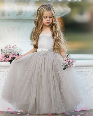 Square Neckline Grey Tulle Pleated Flower Girl Dress FG1013