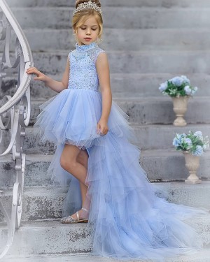 Light Blue High Neck Beading High Low Tulle Pageant Dress for Girls FG1014