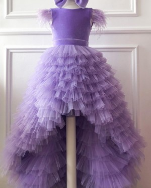 Lavender High Low Ruffled Flower Girl Dress with Cap Sleeves FG1016