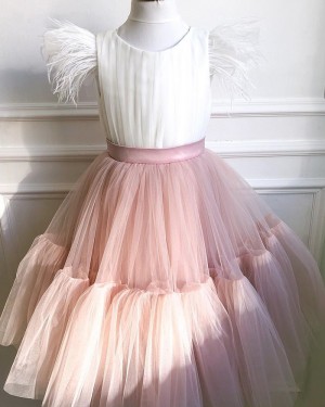 White & Pink Ruffled Tulle Flower Girl Dress with Cap Sleeves FG1017