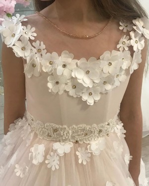Sheer Neck White Flower Girl Dress with Handmade Flowers FG1018