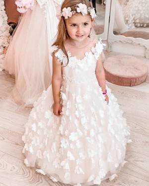 Sheer Neck White Flower Girl Dress with Handmade Flowers FG1018