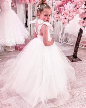 White Ruched Tulle A-line Flower Girl Dress FG1019