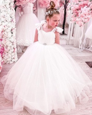 White Ruched Tulle A-line Flower Girl Dress FG1019