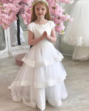 Jewel Neck White First Communion Dress with Layered Skirts FG1021
