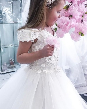 V-neck White Tulle Flower Girl Dress with Handmade Flowers FG1023