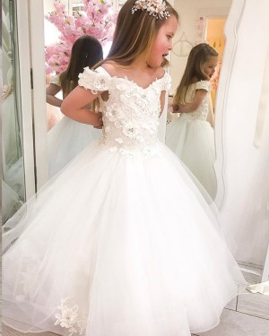 V-neck White Tulle Flower Girl Dress with Handmade Flowers FG1023