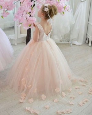 V-neck Pink Tulle Flower Girl Dress with Handmade Flowers FG1025
