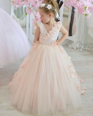 V-neck Pink Tulle Flower Girl Dress with Handmade Flowers FG1025