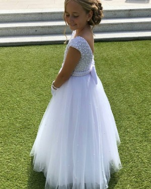 Jewel A-line Beading White Flower Girl Dress with Belt FG1028