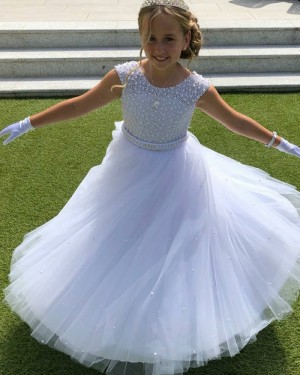 Jewel A-line Beading White Flower Girl Dress with Belt FG1028