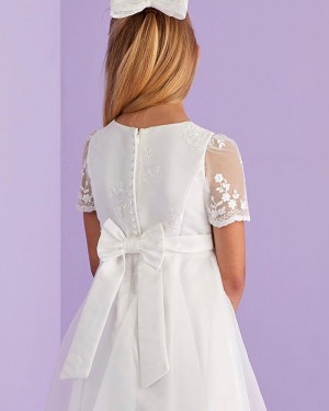 Jewel Neckline Lace Bodice Tulle White Communion Dress with Short Sleeves FG1032