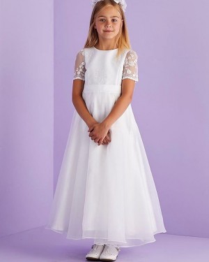Jewel Neckline Lace Bodice Tulle White Communion Dress with Short Sleeves FG1032