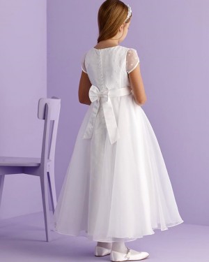 Jewel Neckline White Beading Tulle First Communion Dress with Short Sleeves FG1033