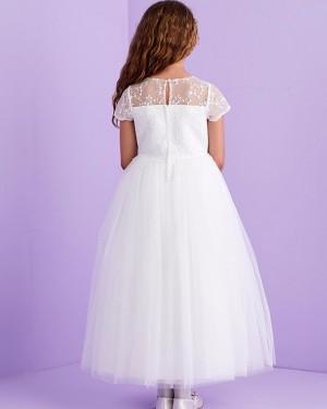 Jewel Lace Bodice Tulle White First Communion Dress with Short Sleeves FG1034