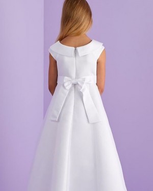 Jewel Neckline White Satin A-line First Communion Dress with Cap Sleeves FG1035