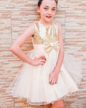 Jewel Neckline Sequin Bodice Flower Girl Dress with Bowknot FG1036