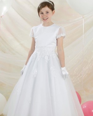 White Round Neckline Applique A-line First Communion Dress with Short Sleeves FG1038