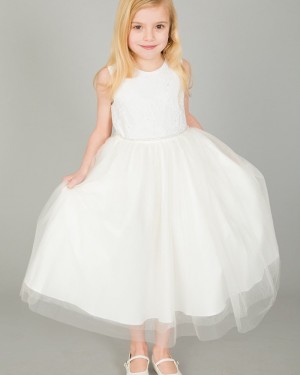 Jewel Lace Boidce White Flower Girl Dress with Beading Belt FG1042