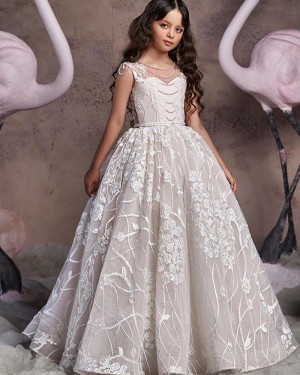 Ivory Beading Lace Appliqued A-line Flower Girl Dress FG1045