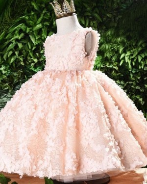 Bateau Handmade Flowers Pink Lace Flower Girl Dress FG1051