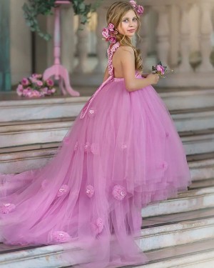 Scoop Tulle Pleated Lavender Girls Pageant Dress with Handmade Flowers FG1057