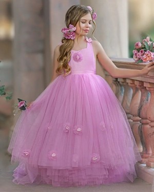 Scoop Tulle Pleated Lavender Girls Pageant Dress with Handmade Flowers FG1057