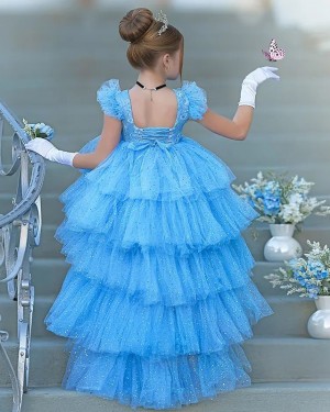 Sparkle Blue Jewel Neckline High Low Ruffled Girls Pageant Dress FG1058
